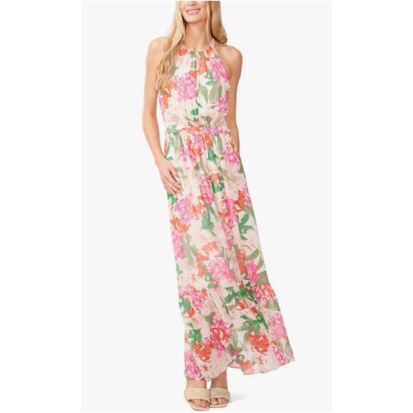 CeCe Floral Maxi Dress Size 10 Sleeveless Halter Tropical Fairy Resort Riviera - Picture 2 of 11
